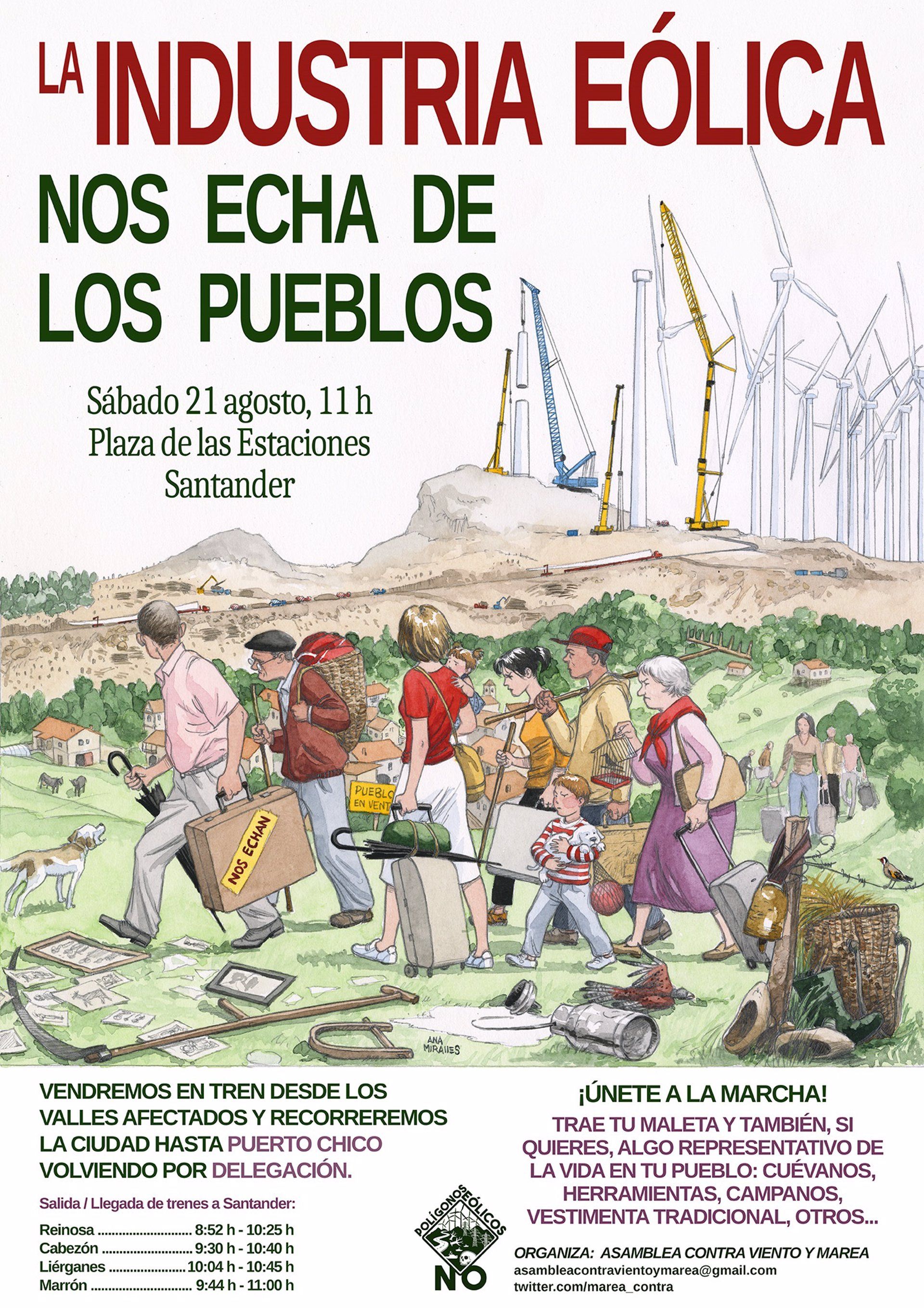 "La megaindustria eólica nos hecha de los pueblos". Cartel de la protesta en Santander, el 21 de agosto / Foto: EP
