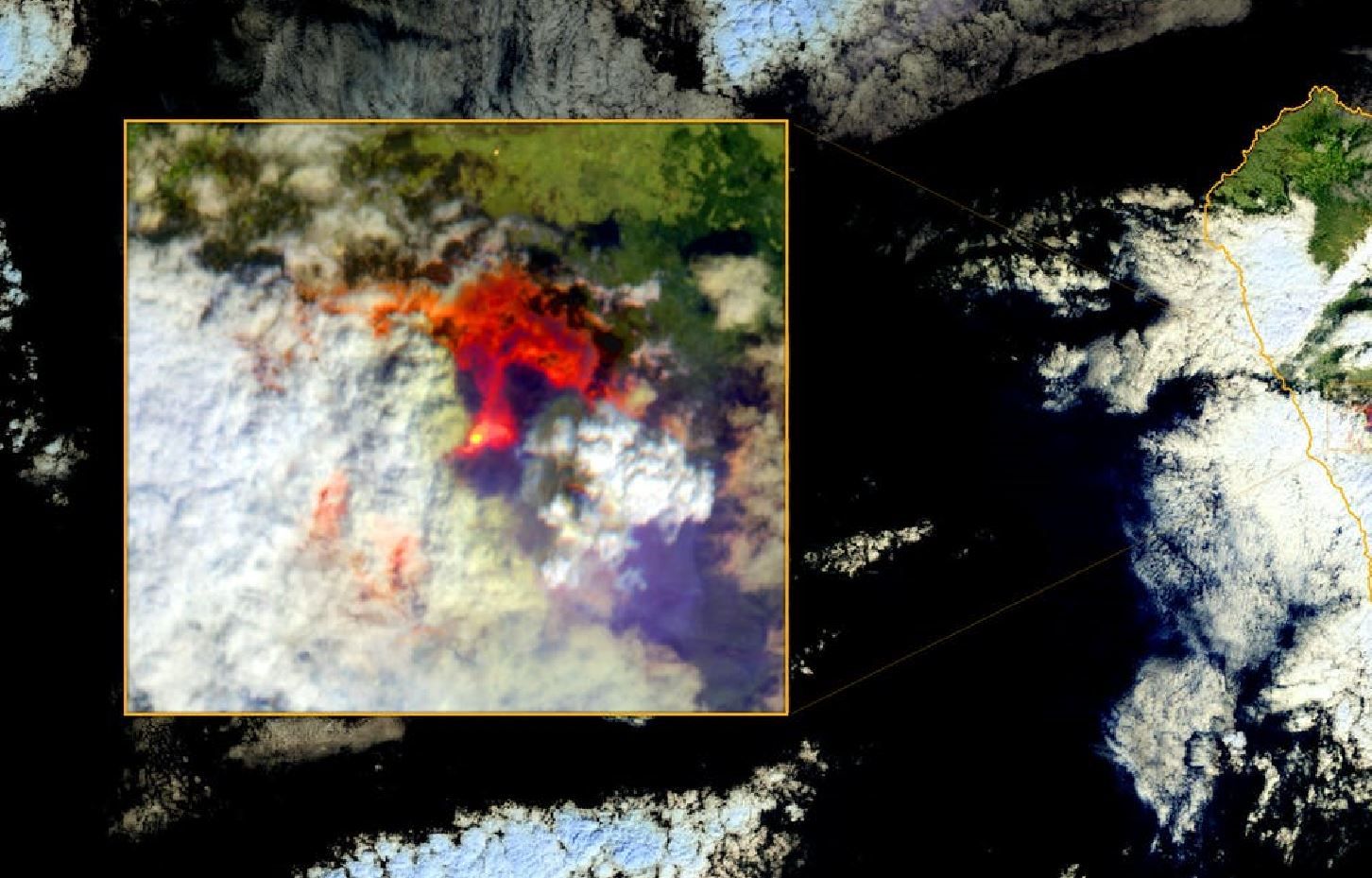 Imagen tomada por Copernicus Sentinel-2 el 20 de septiembre de 2021 que muestra el flujo de lava generado por la erupción en la isla de La Palma (Canarias, España) / Imagen: The Conversation