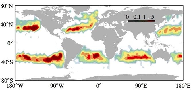 Mapa de residuos plásticos oceánicos / Imagen: Beron-Vera - Olascoaga And Lumpkin