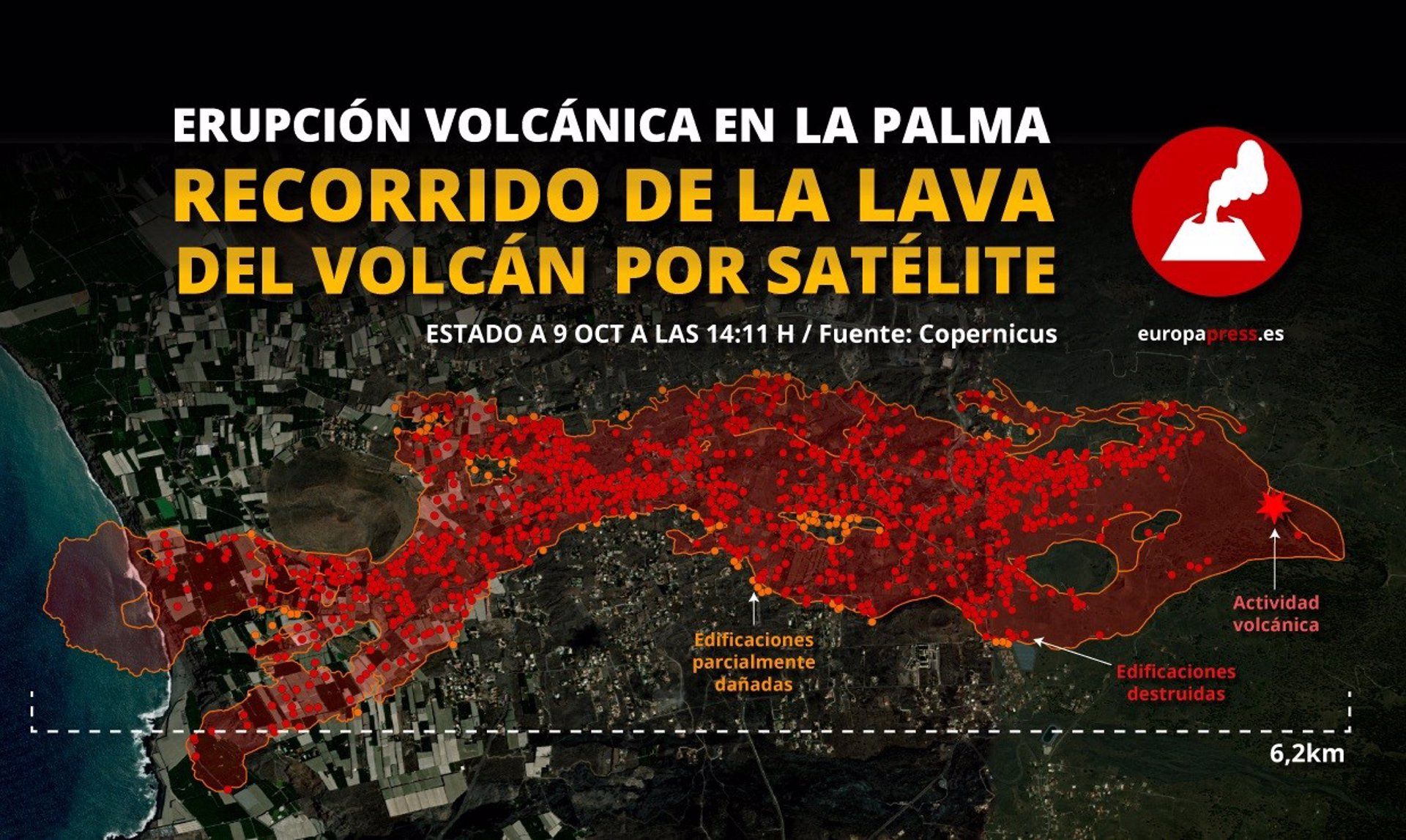 Mapa del recorrido de la lava en el volcán de La Palma por satélite elaborado a partir del programa Copernicus / Foto: EP