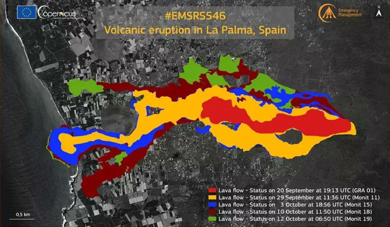 Mapa de Copernicus sobre la afección de la lava del volcán que ha erupcionado en la isla de La Palma / Imagen: EP