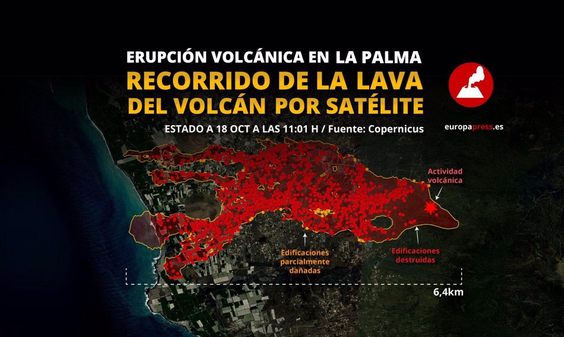 Mapa del recorrido de la lava del volcán de La Palma por satélite a 18 de octubre a las 11.00 horas / Imagen: EP