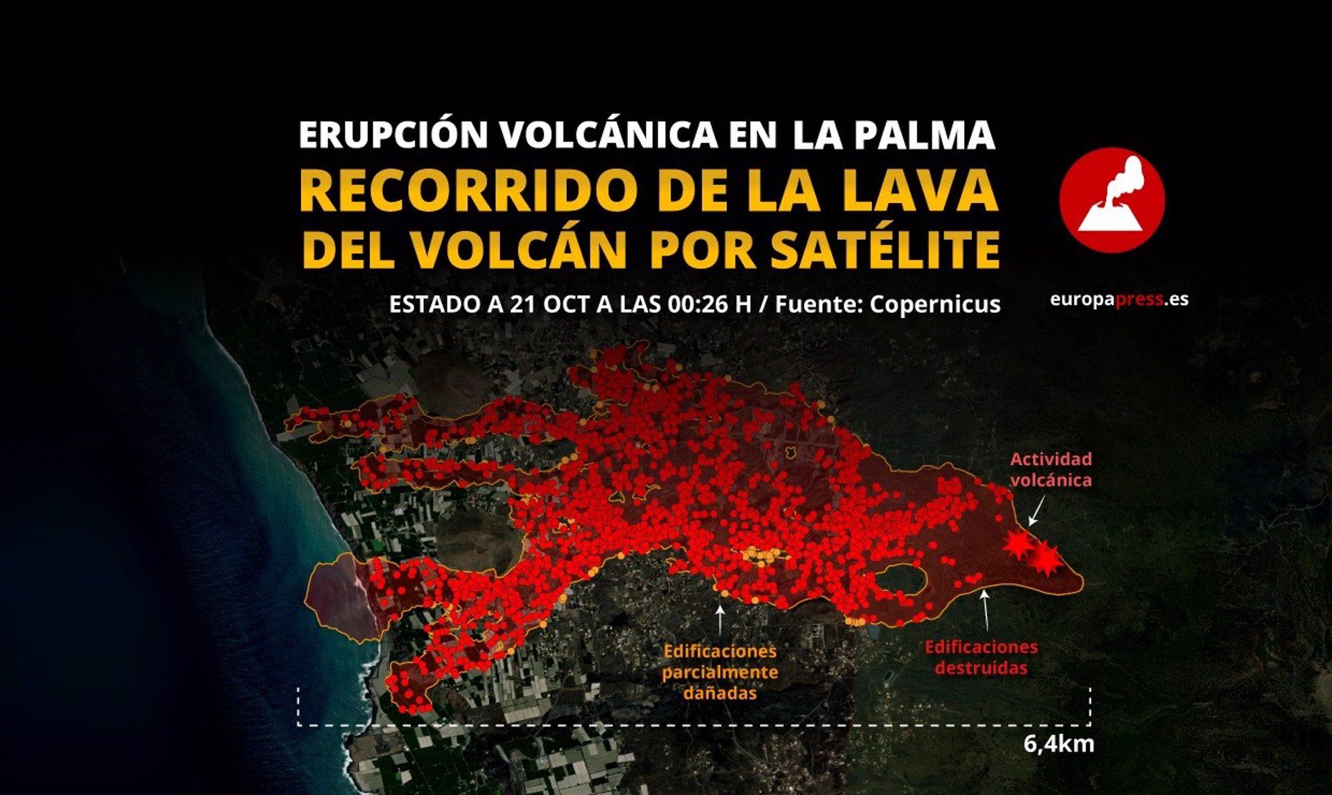 Mapa de la lava en el volcán de La Palma a 21 de octubre / Imágen: EP