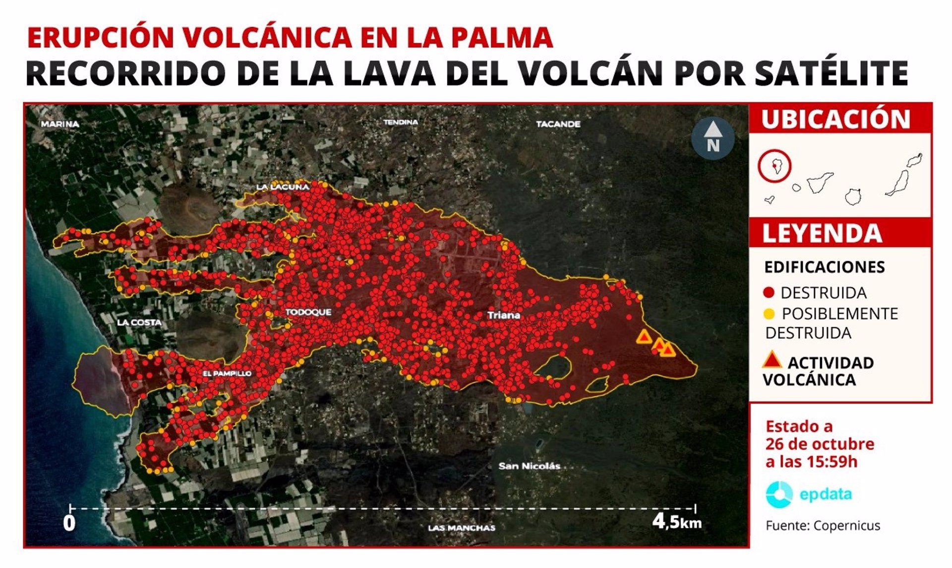 Mapa del recorrido de la lava en el volcán de La Palma por satélite a 27 de octubre / Imagen: EP