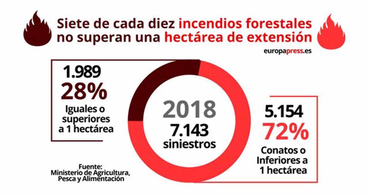Siete de cada diez incendios forestales no superan una hectárea de extensión Siete de cada diez incendios forestales no superan una hectárea de extensión