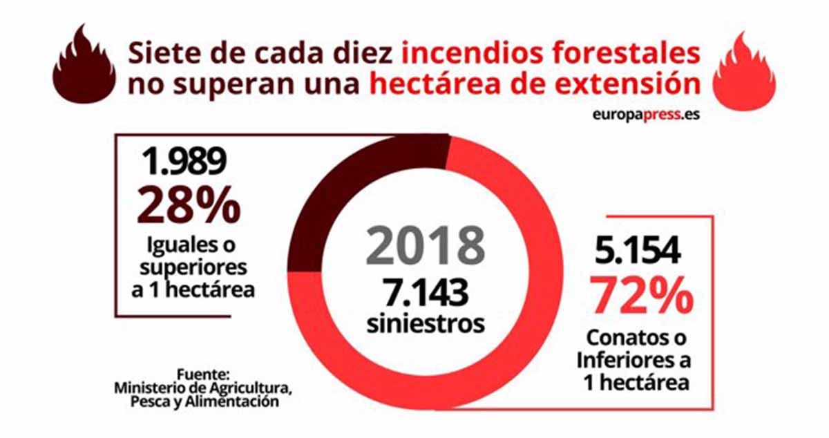 Siete de cada diez incendios forestales no superan una hectárea de extensión