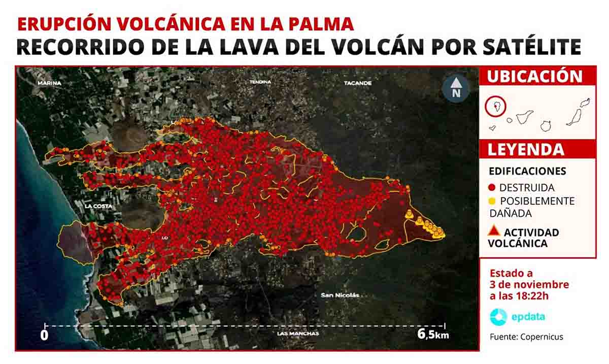 Mapa del recorrido de la lava en el volcán de La Palma por satélite a 3 de noviembre / Imagen: EP