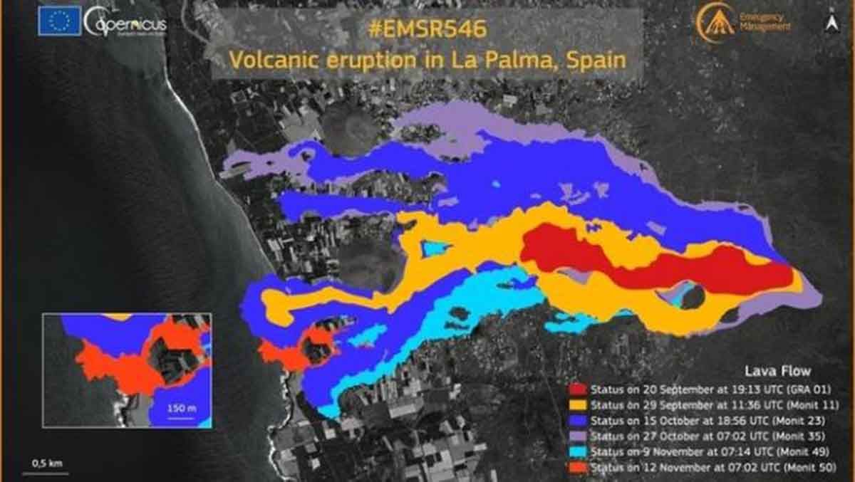 Copernicus actualiza el monitoreo en la zona del volcán de La Palma a 12 de noviembre de 2021 / Imagen: Copernicus