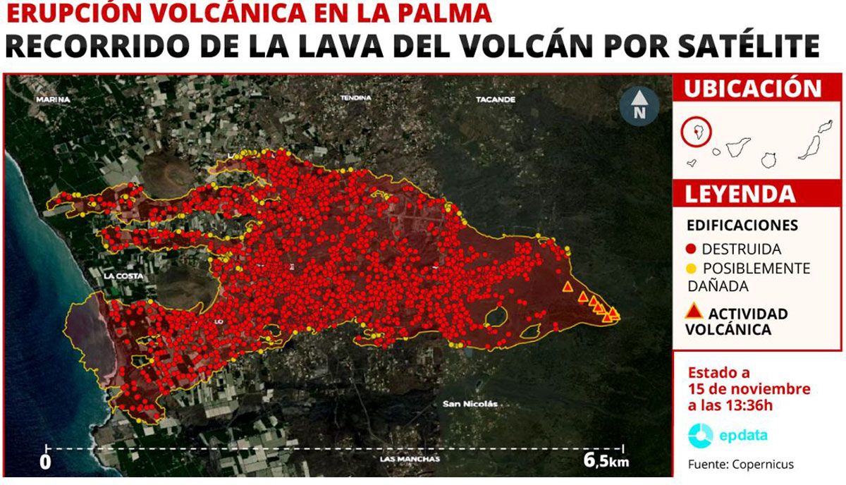 Mapa de la lava del volcán de La Palma a 22 de noviembre según el monitoreo de Copernicus / Imagen: EP