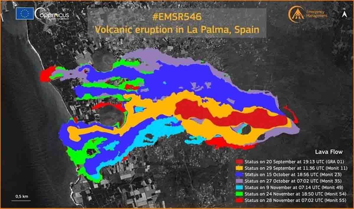 Copernicus actualiza el mapa del recorrido de la lava del volcán de La Palma por satélite a 28 de noviembre / Foto: EP