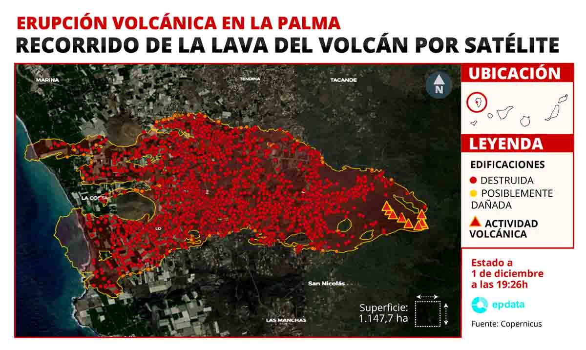 Mapa del recorrido del volcán de La Palma a 1 de diciembre / Imagen: EP