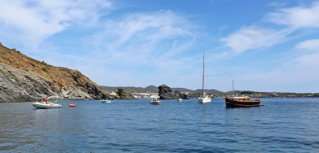 Varias embarcaciones rodean la zona perimetrada para la extracción de la especie invasora en Cap de Creus con Cadaqués de fondo / Foto: O. Corominas - EA