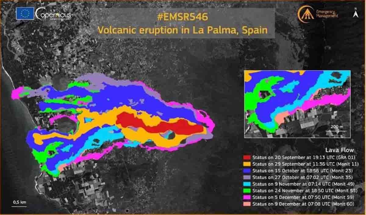 Mapa del recorrido de la lava del volcán de La Palma por satélite a 9 de diciembre / Imagen: Copernicus - EP