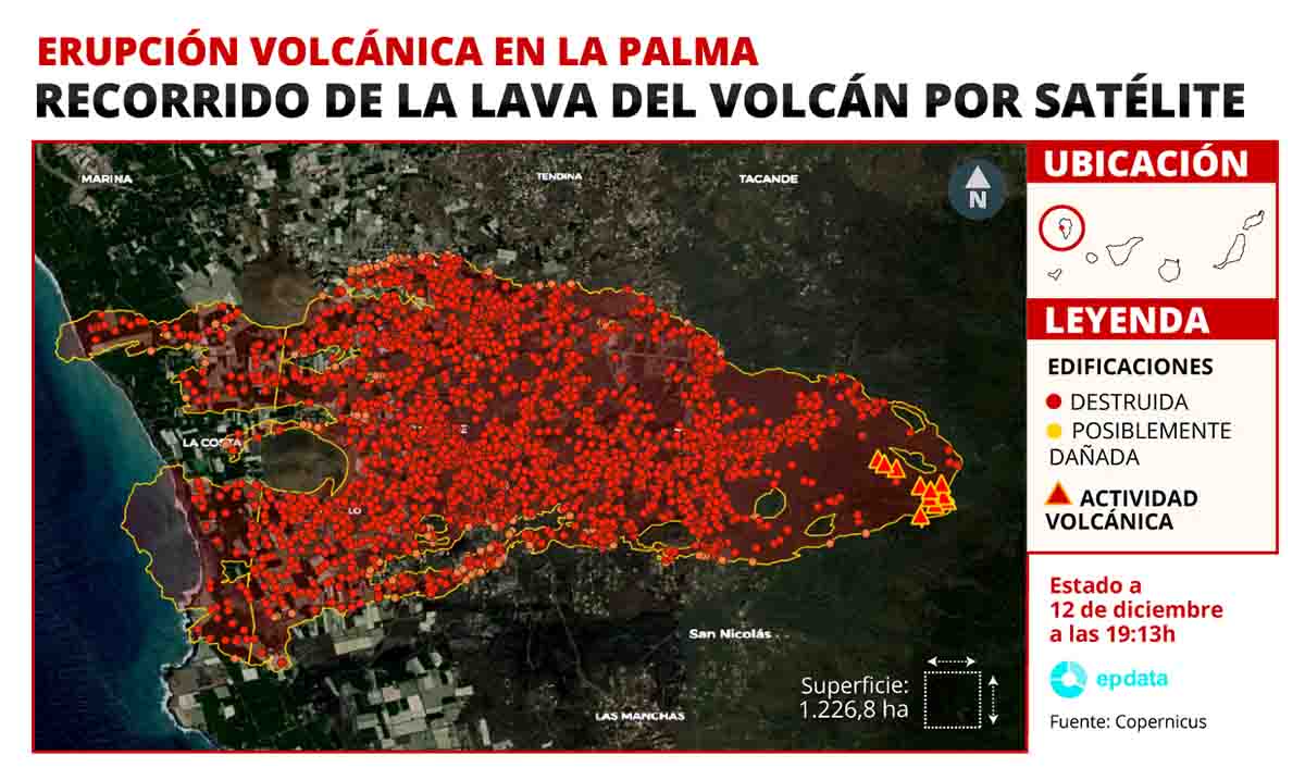 Última actualización de Copernicus sobre el volcán de La Palma correspondiente 12 de diciembre / Imagen: Copernicus  - EP