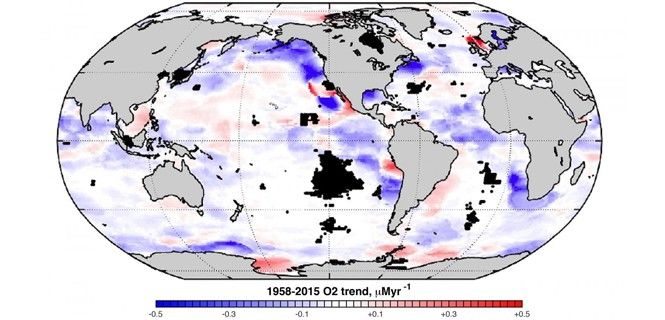 Tendencia de la cantidad de oxígeno 1958-2015. Las áreas en negro representan datos incompletos / Imagen: Georgia Tech