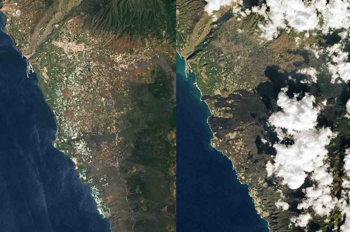 Imágenes de la superficie de La Palma vista desde el espacio antes y después de la erupción / Foto: NASA - EA