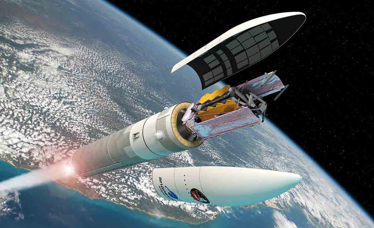 El día de Navidad de 2021 se ha lanzado plegado el telescopio espacial James Webb a bordo de un cohete Ariane / Imagen: ESA - D. Ducros