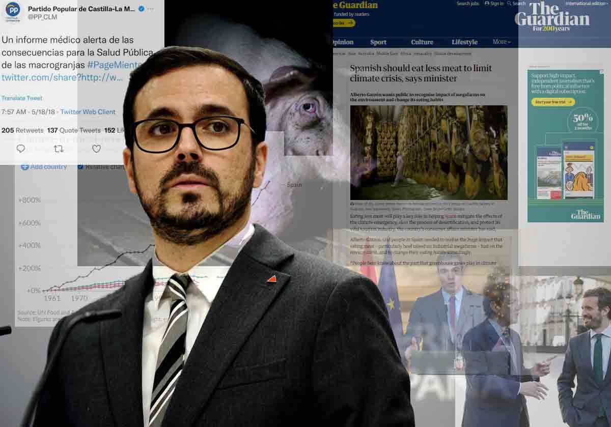 El ministro de Consumo, Alberto Garzón, con gráficos e imagenes y la del 'The Guardian' de fondo que dio origen al bulo / Imagen: EA