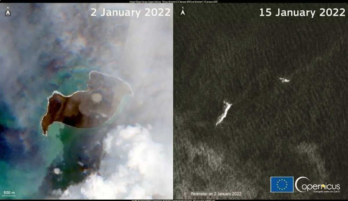 Imagen satelital de la isla del volcán Hunga Tonga antes y después del 15 de enero / Imagen: Copernicus