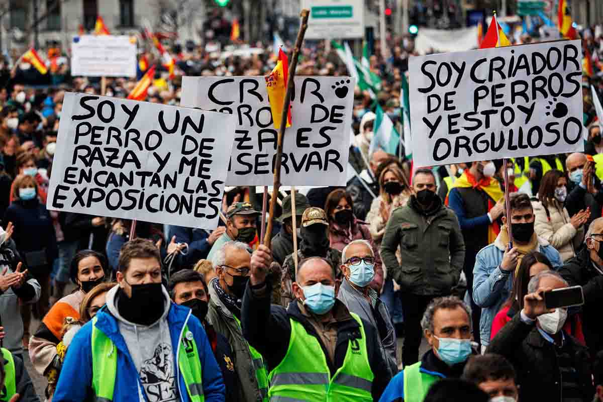 Varios manifestantes con pancartas, en la movilización en defensa del campo y del mundo rural y la futura Ley de Protección Animal, en Cibeles, a 23 de enero de 2022, en Madrid (España)