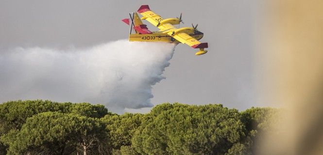 Trabajos aéreos de extinción del incendio forestal de Moguer (Huelva) / Foto: EP