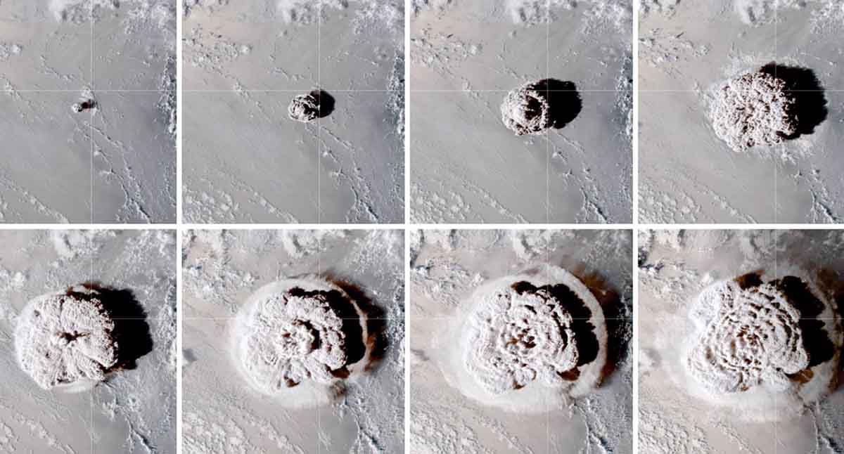 Evolución de la columna del volcán de Tonga el 15 de enero de 2022 / Foto: NASA