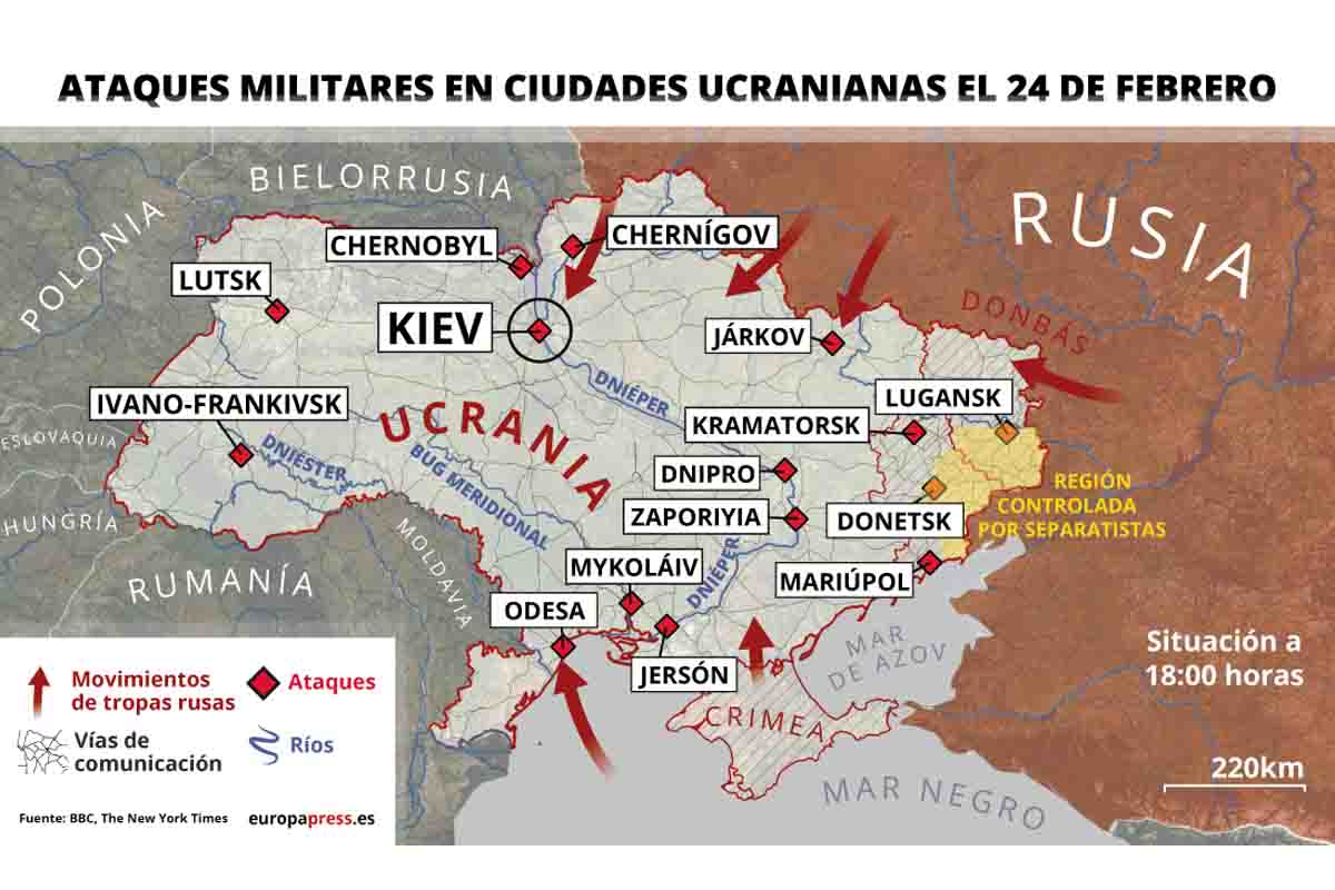 Ataques militares en ciudades ucranianas el 24 de febrero / Imagen: EP