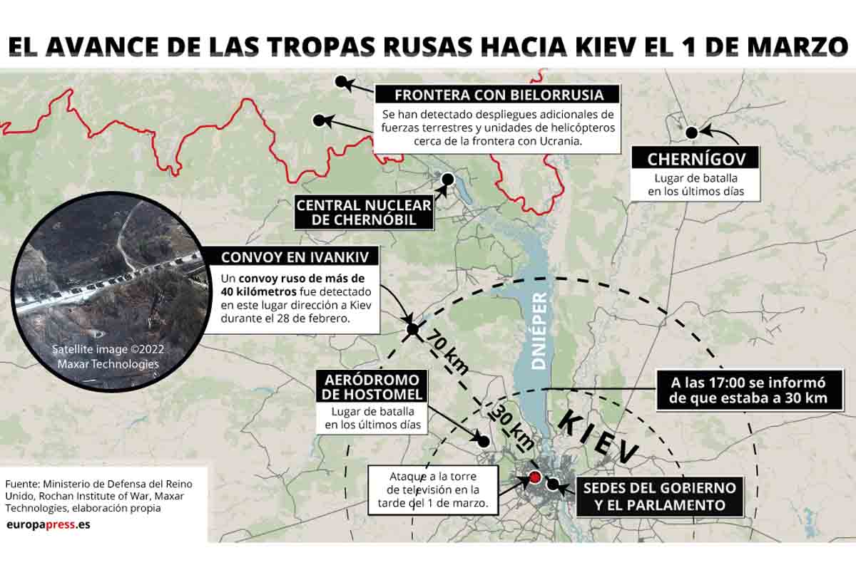 El avance de las tropas rusas hacia Kiev el 1 de marzo / Foto: EP El avance de las tropas rusas hacia Kiev el 1 de marzo / Foto: EP