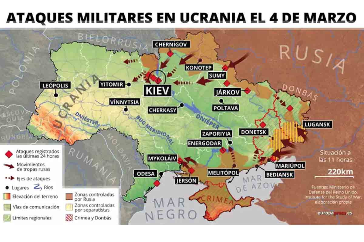Mapa con ataques militares en Ucrania el 4 de marzo de 2022 (Estado a las 11:00 horas) / Imagen: EP Mapa con ataques militares en Ucrania el 4 de marzo de 2022 (Estado a las 11:00 horas) / Imagen: EP