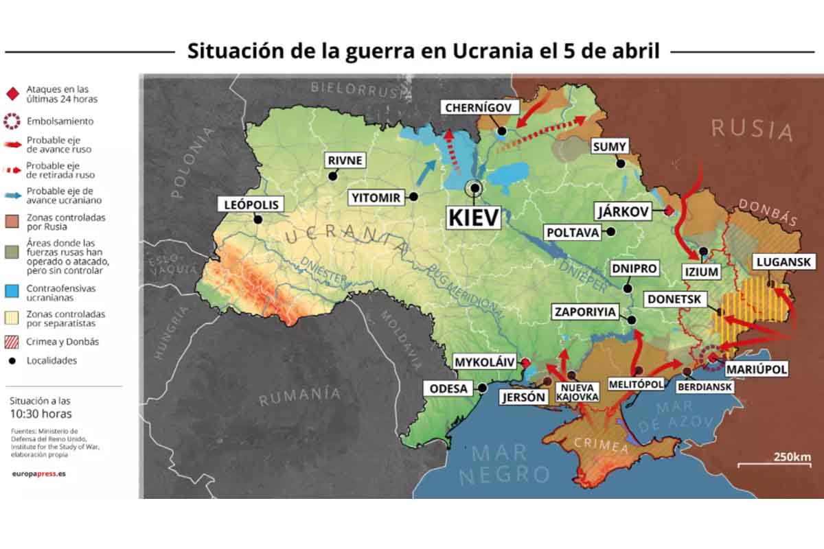 Mapa con la situación de la guerra en Ucrania el 5 de abril de 2022 (estado a las 10.30 horas) / Foto: EP