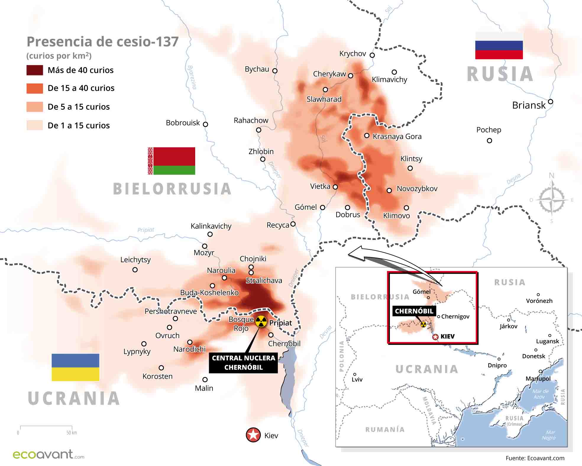 Mapa de la extensión de la contaminación nuclear de la radiación resultante del accidente de la central nuclear de Chernóbil / Imagen: EcoAvant.com