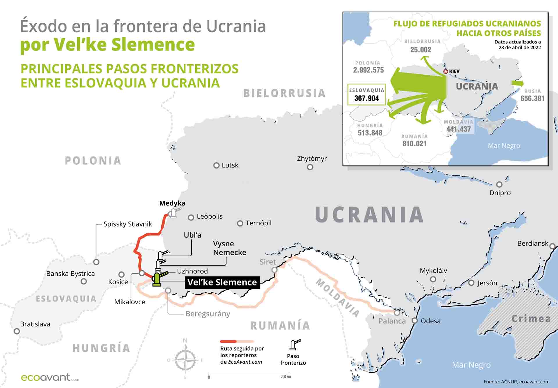 Mapa del éxodo desde Ucrania en la frontera de Eslovaquia Vel’ke Slemence / Gráfico: EA