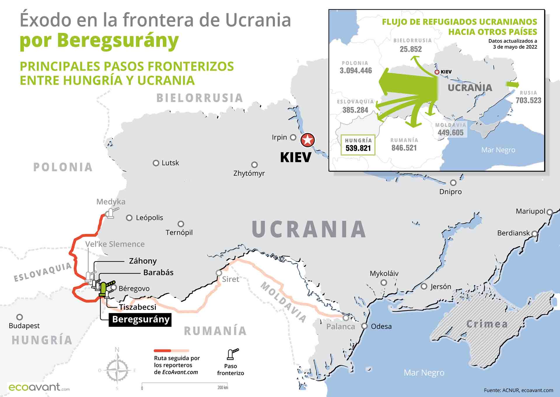 Mapa del éxodo desde Ucrania en la frontera de Hungría: Beregsurány / Imagen: EA