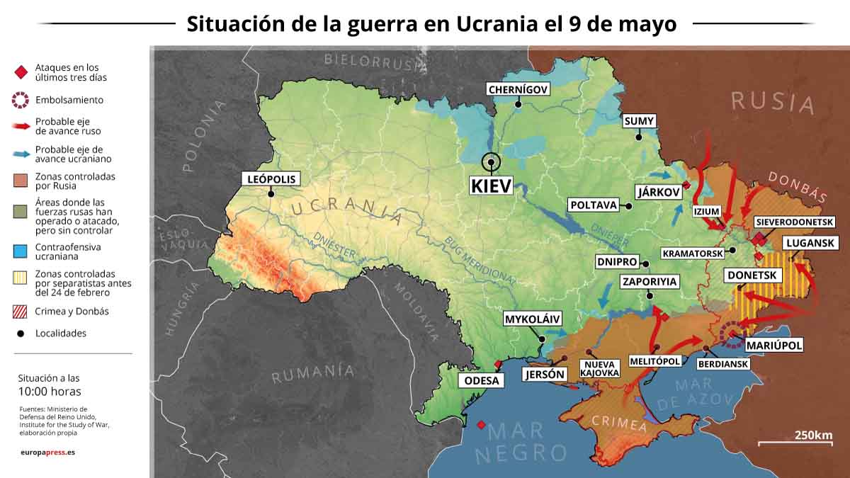 Situación de la guerra en Ucrania el 9 de mayo / Imagen: EP