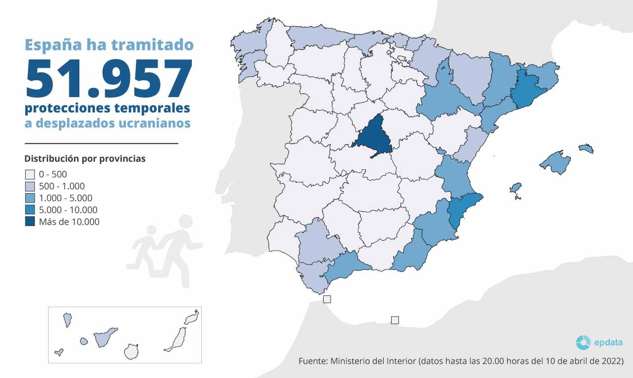 Mapa de la tramitación de las protecciones temporales a desplazados ucranianos por provincias / Gráfico: EP