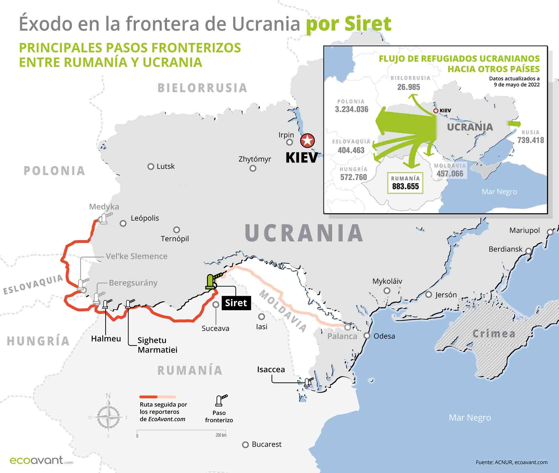 Mapa del éxodo desde Ucrania en la frontera de Rumanía Siret / Gráfico: EA