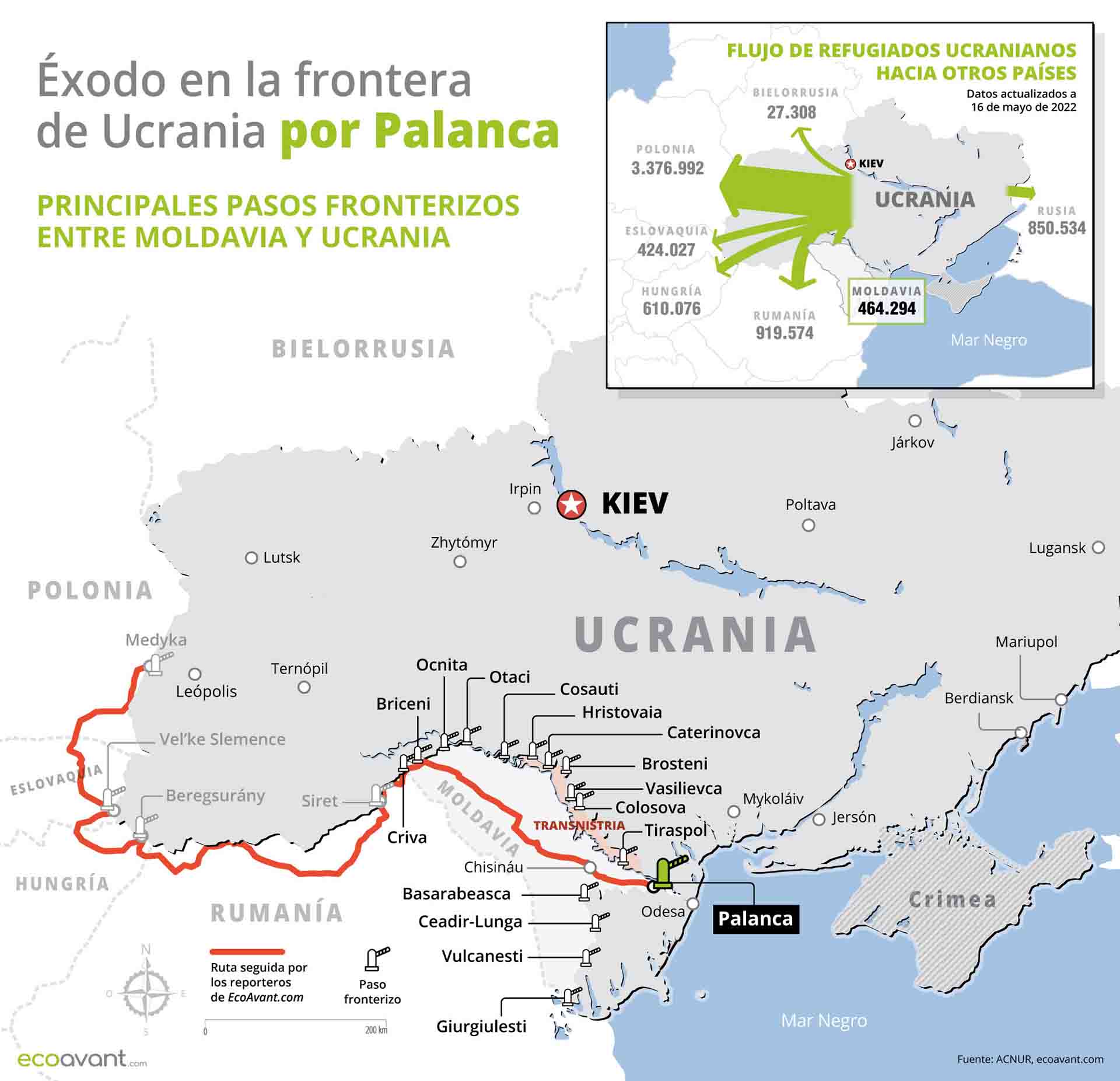 Mapa del éxodo desde Ucrania en la frontera de Moldavia: Palanca / Mapa: EA