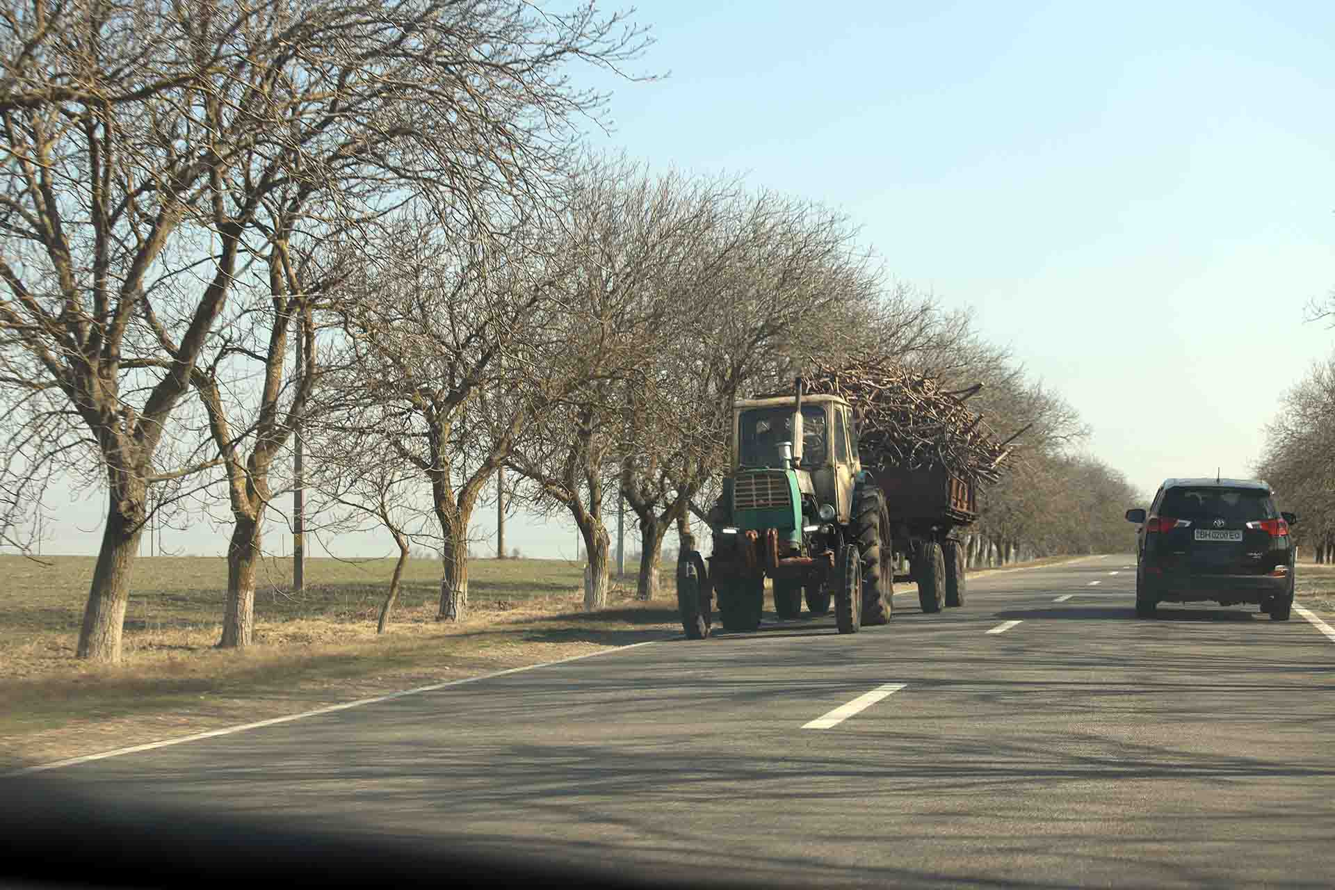 Un tractor transporta ramas secas en un remolque en Moldavia  / Foto: FFM - EA