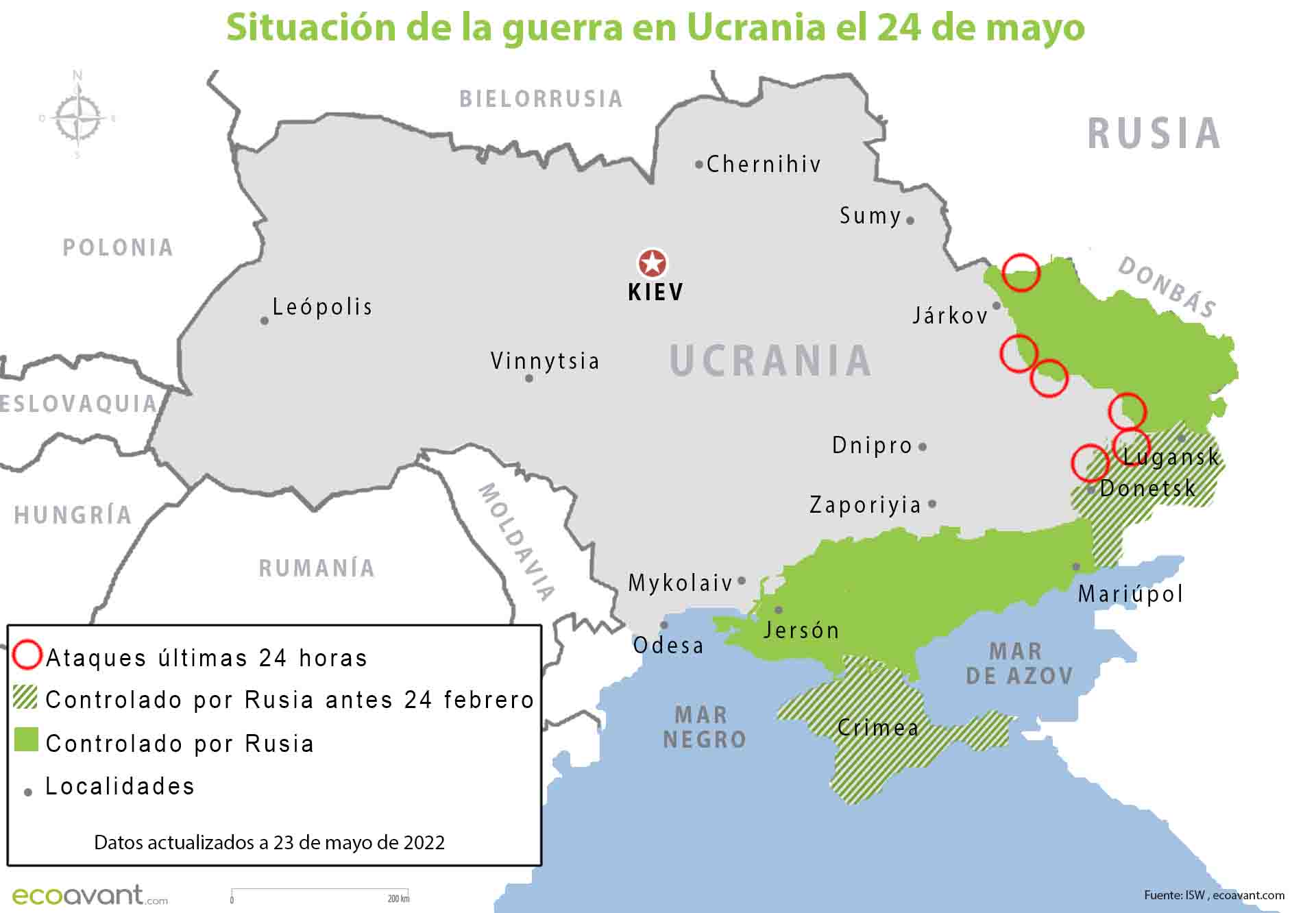 Situación de la guerra en Ucrania el 24 de mayo / Imagen: EA