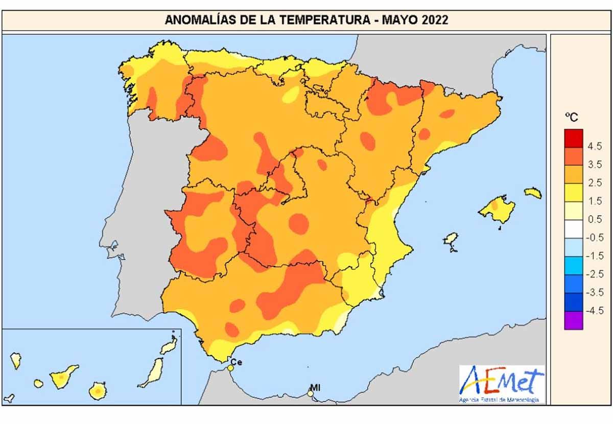 Anomalías térmicas en mayo de 2022 / Imagen: Agencia Estatal de Meteorología (AEMET) Anomalías térmicas en mayo de 2022 / Imagen: Agencia Estatal de Meteorología (AEMET)