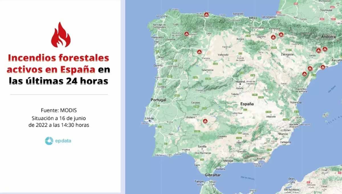 Incendios forestales activos en España en las últimas 24 horas a 16 de junio / Imagen: EP