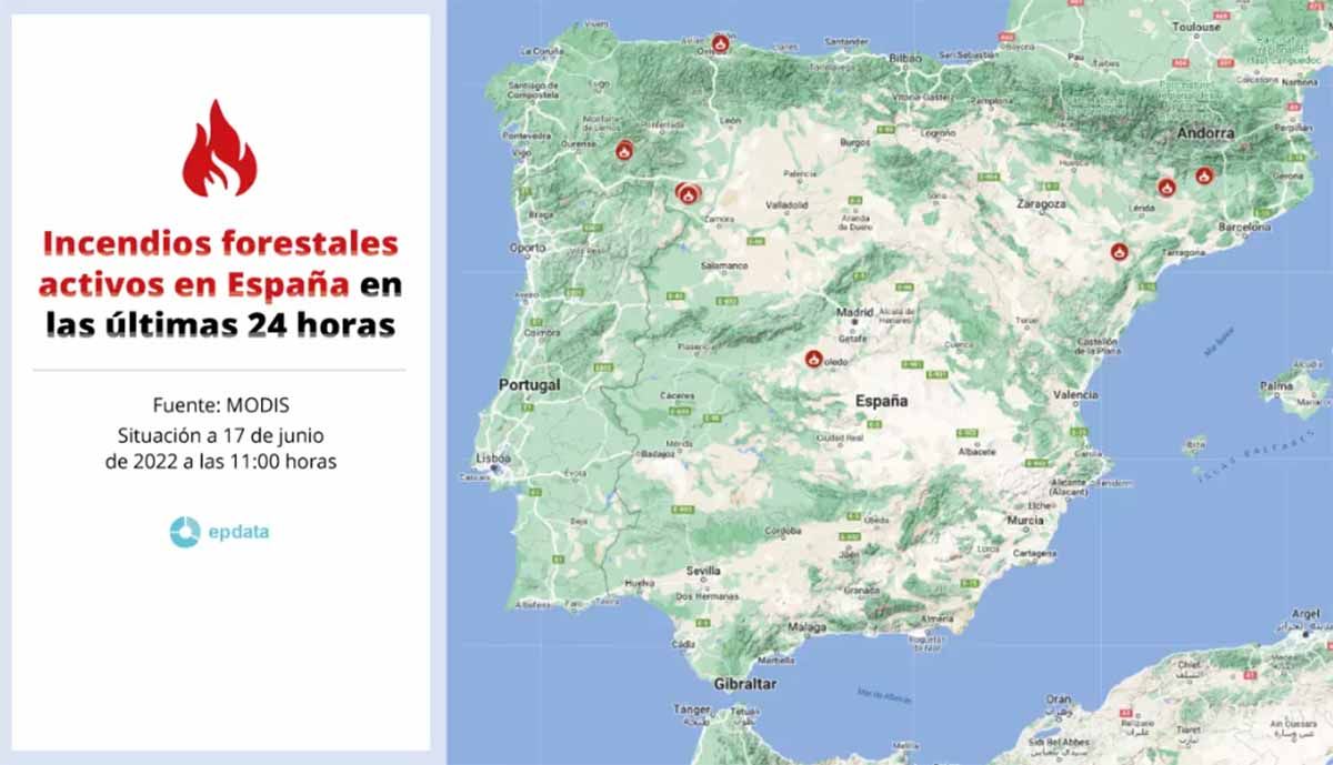 Mapa de los incendios activos en España en las últimas 24 horas a 17 de junio de 2022 / Imagen: EP