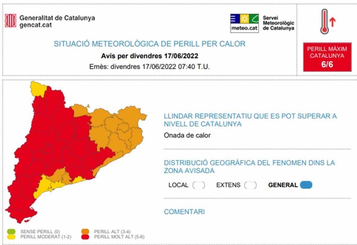 Aviso de riesgo por altas temperaturas en Catalunya, el 17 de junio de 2022 / Imagen: Meteocat