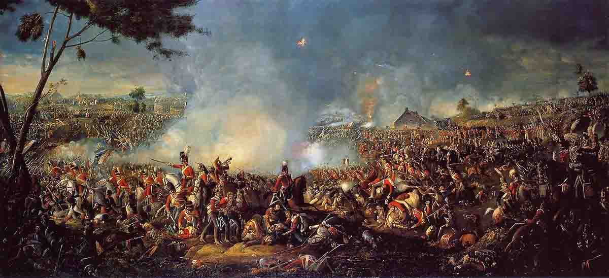 Representación de la batalla de Waterloo bajo el mando de Napoleón Bonaparte contra las fuerzas inglesas bajo el Duque de Wellington / Imagen:  Óleo de William Sadler - Wikipedia