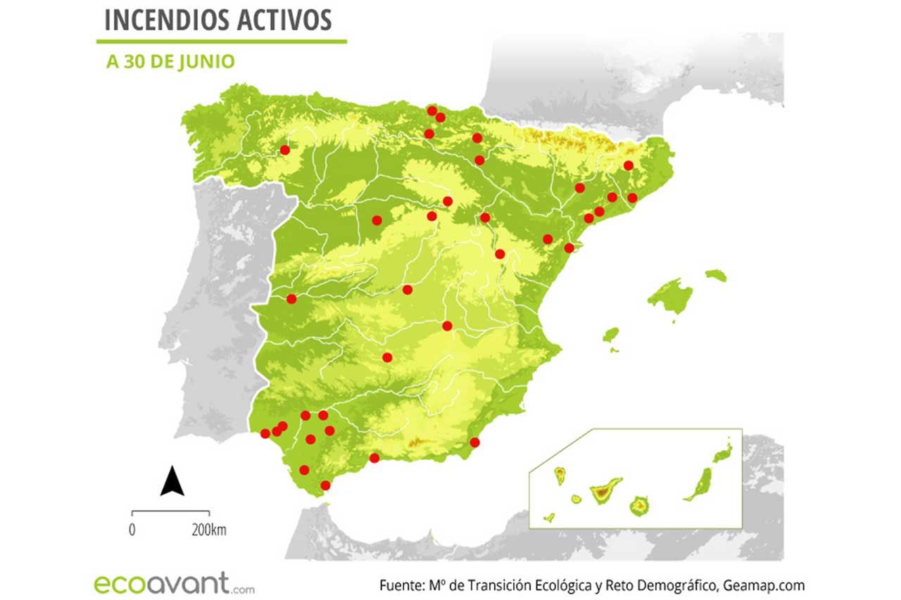 Mapa de los incendios forestales activos en España a 30 de junio de 2022 / Imágen: EA Mapa de los incendios forestales activos en España a 30 de junio de 2022 / Imágen: EA