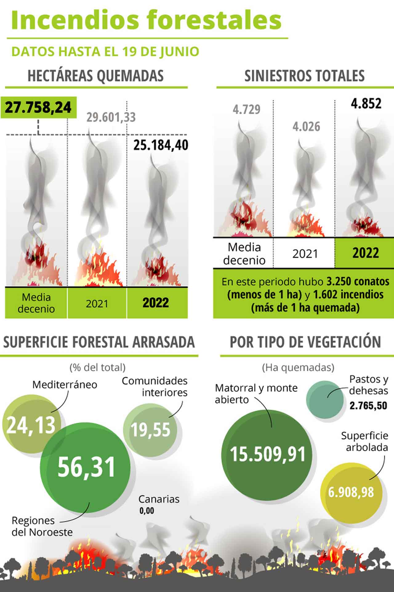 Incendios forestales en España según datos hasta el 19 de junio de 2022 / Imagen: EA