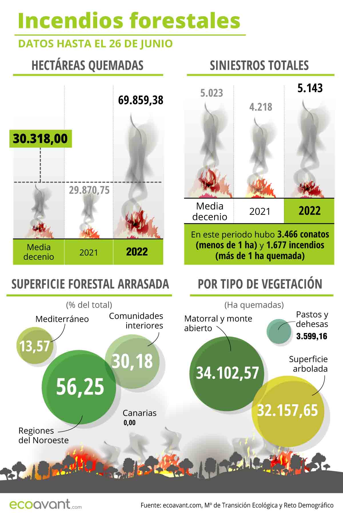 Incendios forestales en España según datos hasta el 26 de junio de 2022 / Imagen: EA