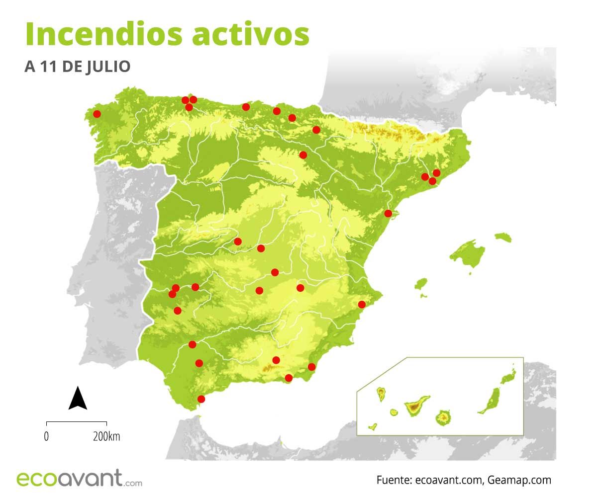 Mapa de los incendios forestales activos en España a 11 de julio de 2022 / Imagen: EA Mapa de los incendios forestales activos en España a 11 de julio de 2022 / Imagen: EA