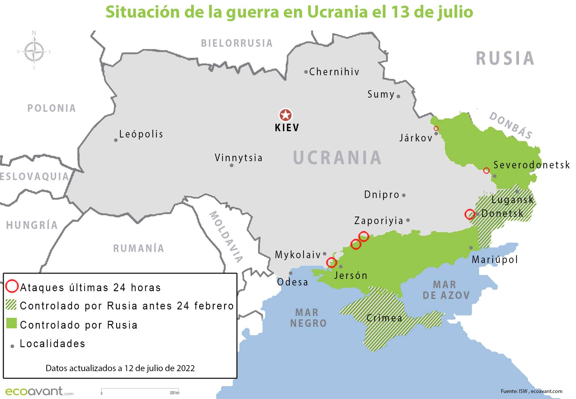 Situación de la guerra en Ucrania el 13 de julio / Imagen: EA