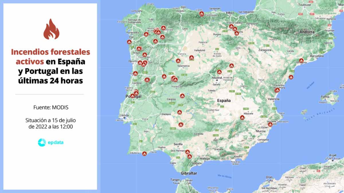 Incendios forestales activos en España y Portugal en las últimas 24 horas 15 julio 2022 / Foto: EP